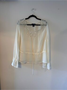Sheer Cream Embroidered Long-Sleeve Blouse with Tie Waist